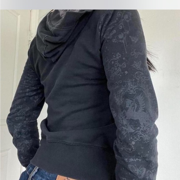 (W3) Self esteem, Y2K Vintage Floral Skull Print  Style Up Hooded Jacket W, Sz M - Picture 3 of 10